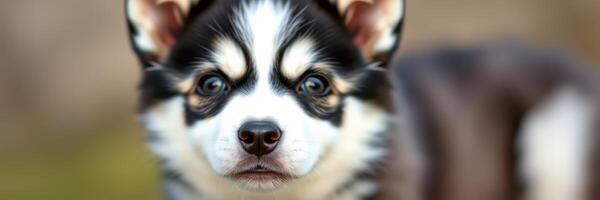Adorable puppy with striking black and white fur looking curiously at the camera in a sunny outdoor setting photo