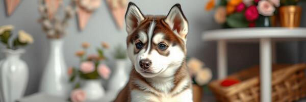 Cute husky puppy sitting in a decorated room surrounded by flowers and colorful bunting in a cozy setting photo