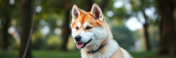 Beautiful Akita dog in a park with green trees during a sunny day photo