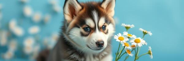 Cute husky puppy interacts with daisies against a blue background in a playful moment photo