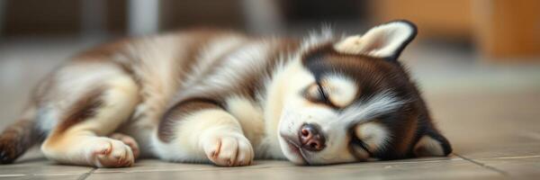 Cute puppy sleeping peacefully on a soft surface in a cozy indoor space during the afternoon photo