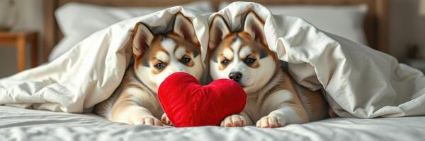 Two adorable dogs cuddling under a blanket with a red heart-shaped toy in a cozy bedroom setting photo