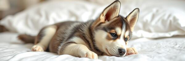 Cute husky puppy relaxing on a cozy bed in a warm-lit room during a lazy afternoon photo