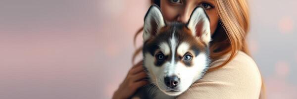 Woman holding a fluffy husky puppy with a gentle expression in a soft pink background during a cozy moment indoors photo