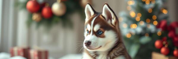 Cute husky puppy sitting near a decorated Christmas tree with presents in a cozy room photo