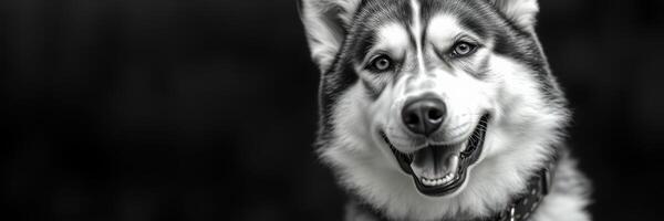 Happy husky posing with a joyful expression in black and white photography during a sunny afternoon photo