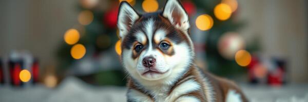 Cute husky puppy sitting in front of a decorated Christmas tree with colorful lights in a cozy indoor setting during the holiday season photo