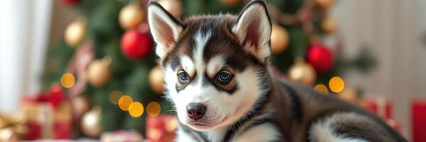 Cute husky puppy posing near a beautifully decorated Christmas tree with colorful ornaments and gifts photo