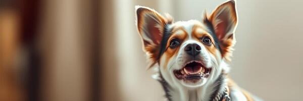 Happy dog with alert expression in a cozy indoor setting during morning light photo