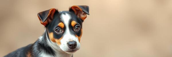 Playful young dog with expressive eyes posing against a soft, neutral background in a calm environment photo