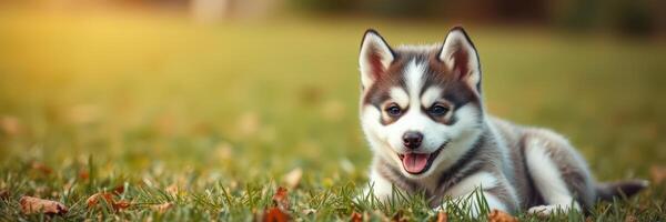 Happy husky puppy playing on green grass during golden hour in a park setting photo