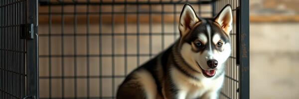 Happy husky sitting inside a cozy crate in a warm indoor environment during daylight hours photo