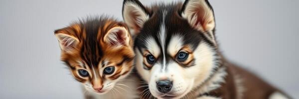 Adorable kitten and puppy share a tender moment indoors in soft lighting photo