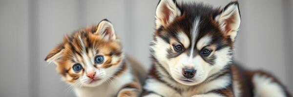 Cute kitten and puppy sharing a moment of friendship in a cozy indoor setting photo