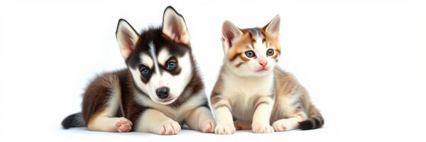 Cute puppy and kitten sit together on a white background in a playful pose, showcasing friendship during the afternoon photo