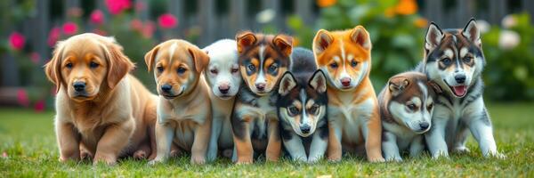 Group of playful puppies posing in a garden during a sunny day with colorful flowers in the background photo