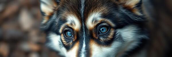 Close-up of a wolf-like creature showcasing vibrant blue eyes and intricate fur patterns in a natural setting photo