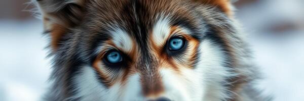 Beautiful close-up of a husky with striking blue eyes in a snowy environment during winter photo