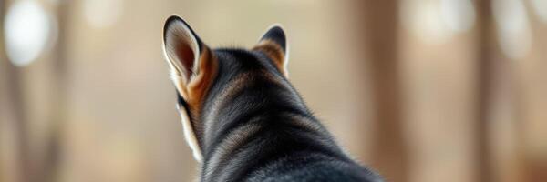 Dog gazes into a serene forest on a peaceful day, surrounded by nature's beauty and tranquility photo