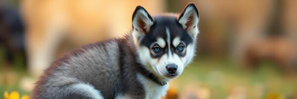 Cute husky puppy sitting on grass in a park during golden hour with a soft blur in the background photo