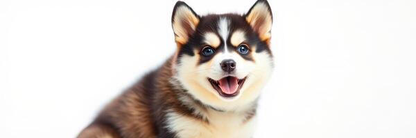Happy fluffy dog sitting against a light background with a playful expression in a studio setting photo