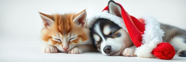 Cute kitten and puppy sleeping together in festive holiday hats on a cozy winter day photo