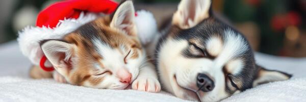 Cute kitten and puppy sleeping together with festive hats in cozy indoor setting during winter photo