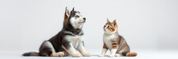 Cute husky puppy and playful cat sitting together on a neutral background in a studio setting photo
