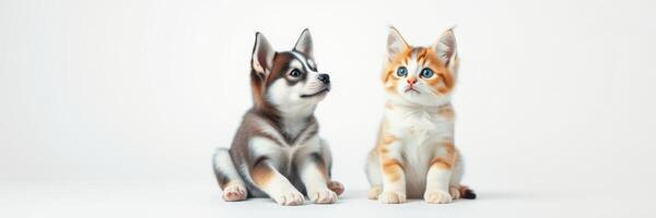 Cute kitten and puppy sitting together in playful pose at home on a bright background photo