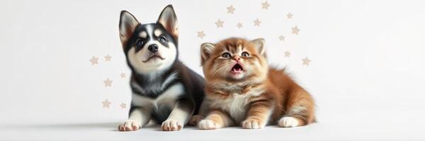 Cute puppy and kitten posing together in a studio with a playful background and soft lighting photo