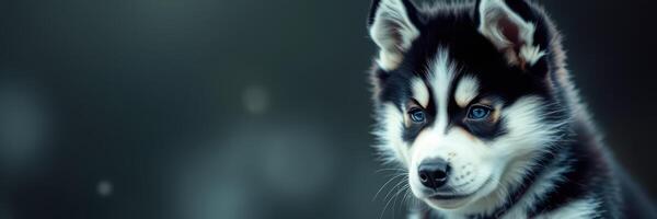 Cute husky puppy resting in a snowy landscape during twilight hours, showcasing playful features and striking blue eyes photo