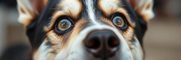 Close-up view of a curious dog with expressive eyes and a playful demeanor in a cozy setting photo