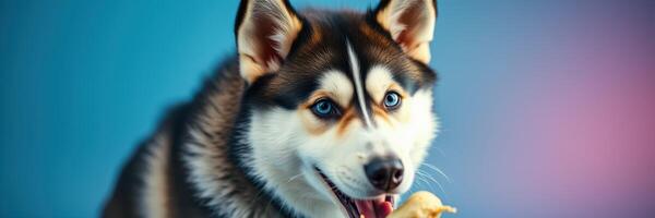 Happy husky dog enjoying a treat against a colorful background with playful expression and bright eyes photo