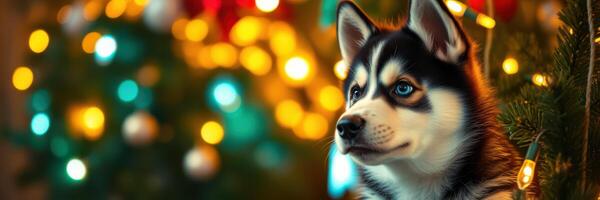 Adorable husky puppy sitting calmly near a beautifully decorated Christmas tree with colorful lights photo