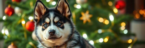 Husky puppy sits in front of a beautifully decorated Christmas tree with bright lights and ornaments photo