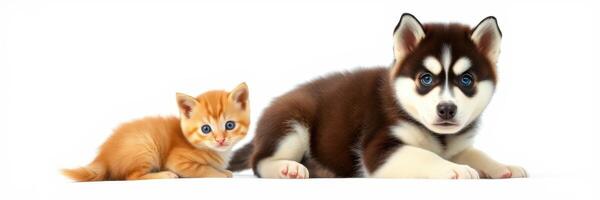 Cute kitten and fluffy husky puppy play together indoors during a sunny afternoon photo