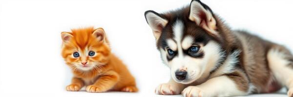 Cute orange kitten and husky puppy playing together on a light background photo