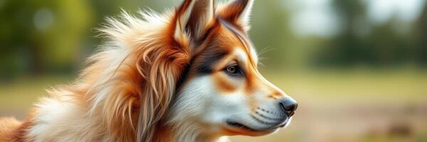 Beautiful dog with fluffy orange coat enjoying a sunny day outdoors in a park setting photo