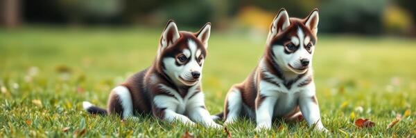 Two playful husky puppies resting on green grass in a sunny park during the afternoon photo