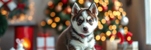 Cute husky puppy sitting in front of a decorated Christmas tree with lights and presents in a cozy indoor setting photo
