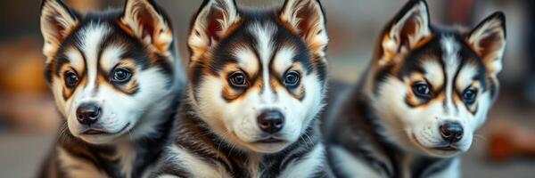 Three playful husky puppies sitting together in a cozy indoor setting during a bright afternoon photo