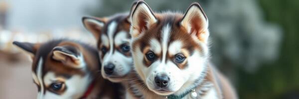Three playful puppies with striking fur patterns enjoying a sunny afternoon outdoors photo