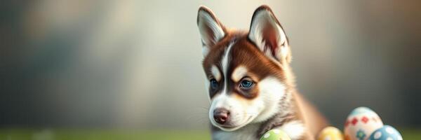 Playful puppy exploring colorful Easter eggs on a sunny day in a vibrant outdoor setting photo