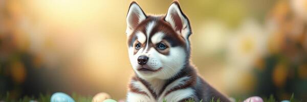 Cute husky puppy surrounded by colorful Easter eggs in a sunny garden setting during springtime photo