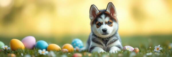 Cute puppy surrounded by colorful Easter eggs in a spring meadow filled with flowers during a sunny afternoon photo