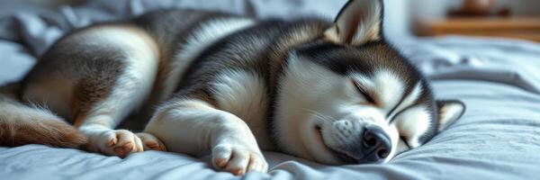 Fluffy husky puppy peacefully sleeping on soft blanket in cozy indoors photo