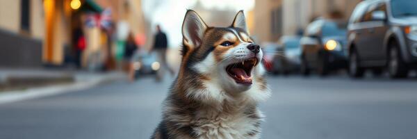 Dog lounges in street with a playful expression during a sunny day in a bustling urban area photo