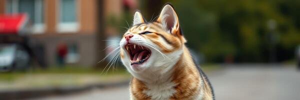 Cat vocalizing on a quiet street during midday with houses and greenery in the background photo