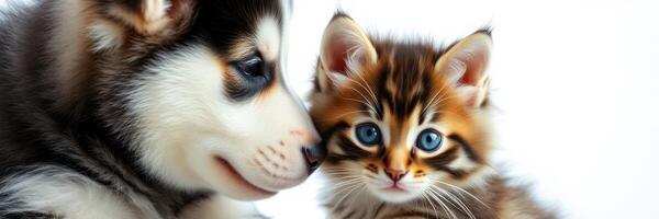 Cute puppy and kitten sharing a close moment, highlighting their friendship and affection photo