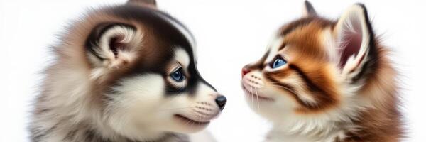 Cute puppy and kitten gazing at each other in a playful moment indoors photo